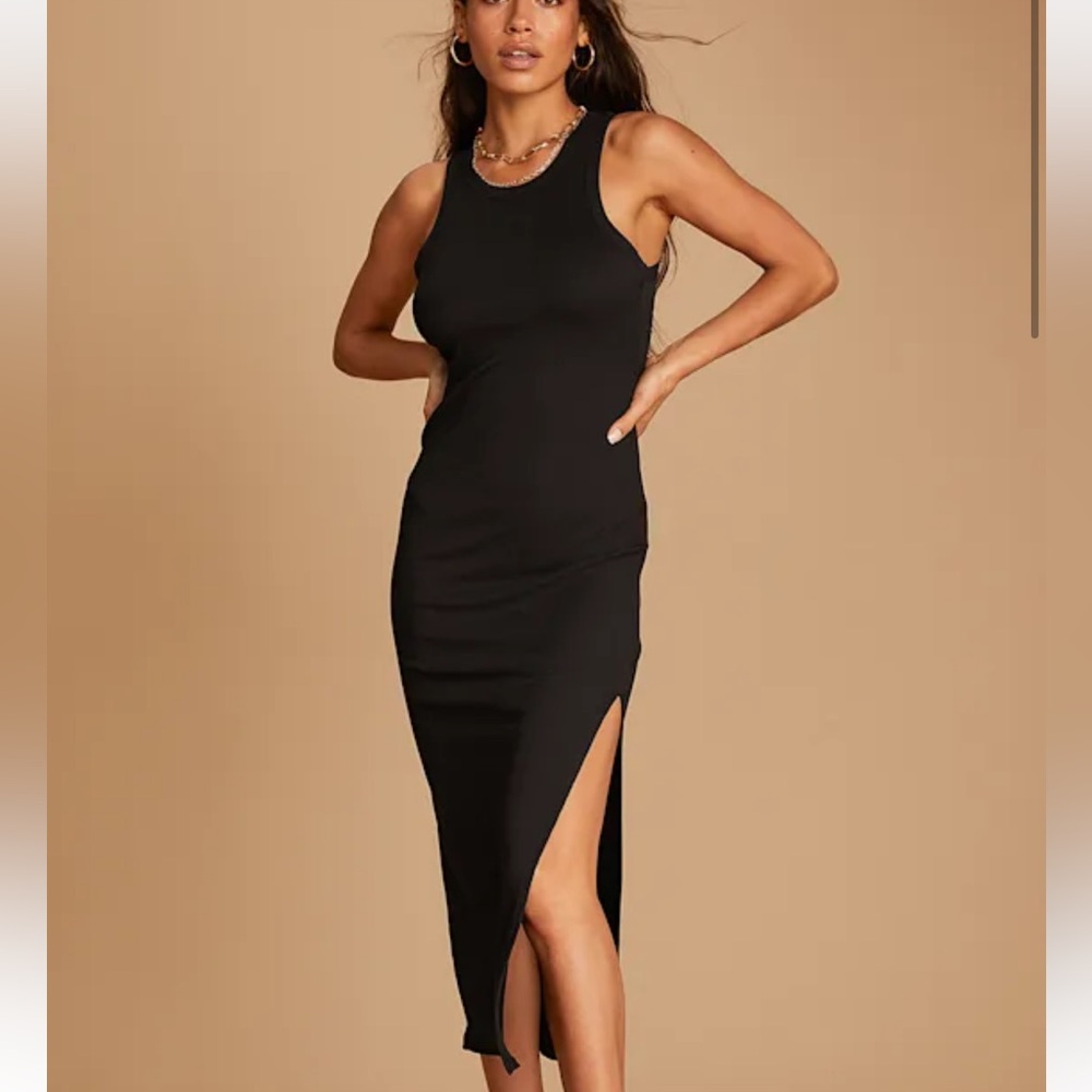 Lulus Simply Wonderful Black Ribbed Bodycon Midi Dress | Size S